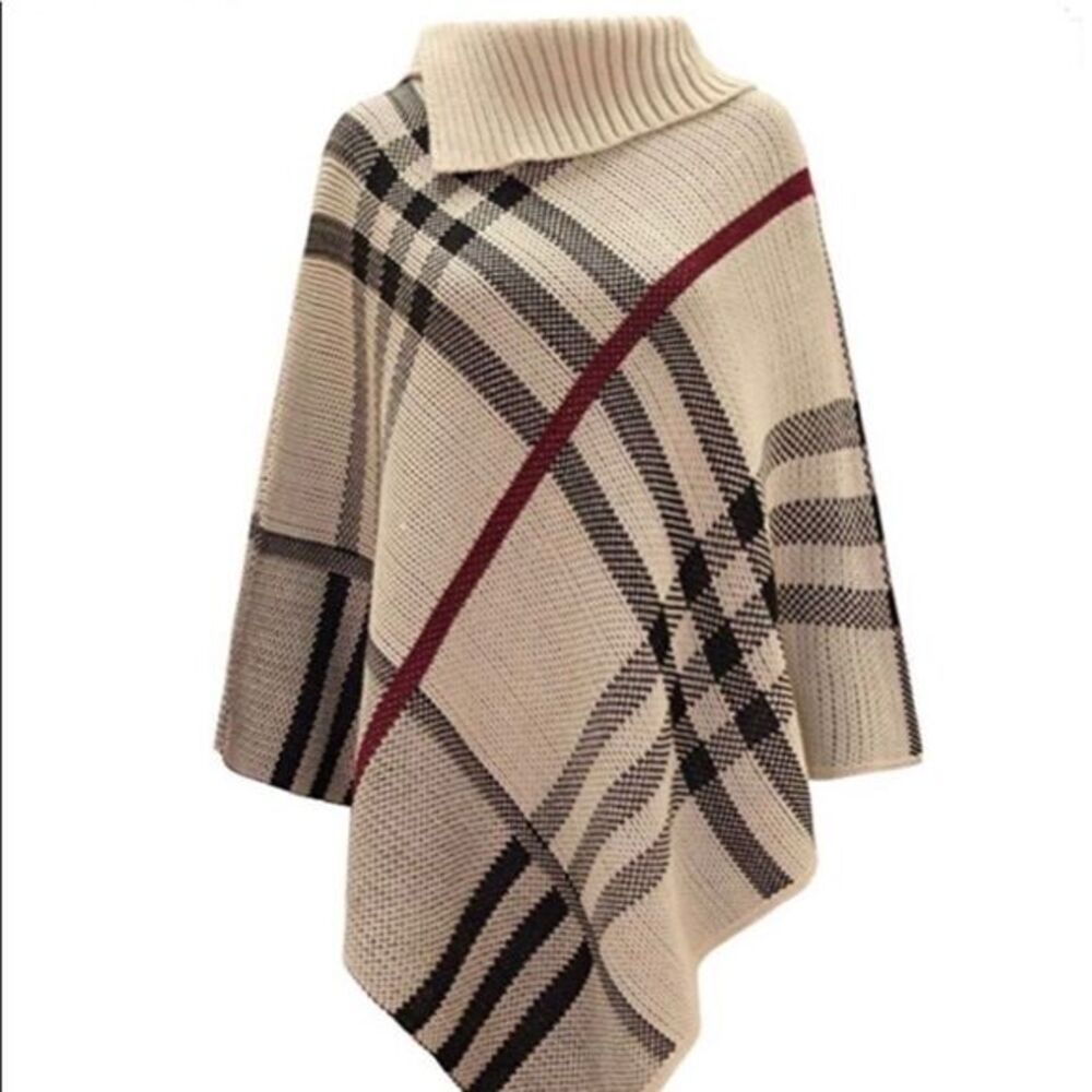 Plaid poncho beige tan black red